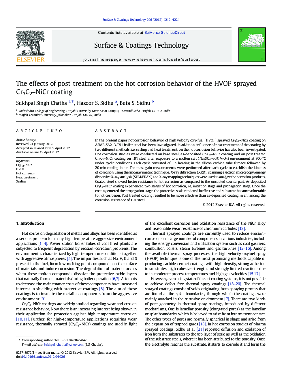 The effects of post-treatment on the hot corrosion behavior of the HVOF-sprayed Cr3C2–NiCr coating