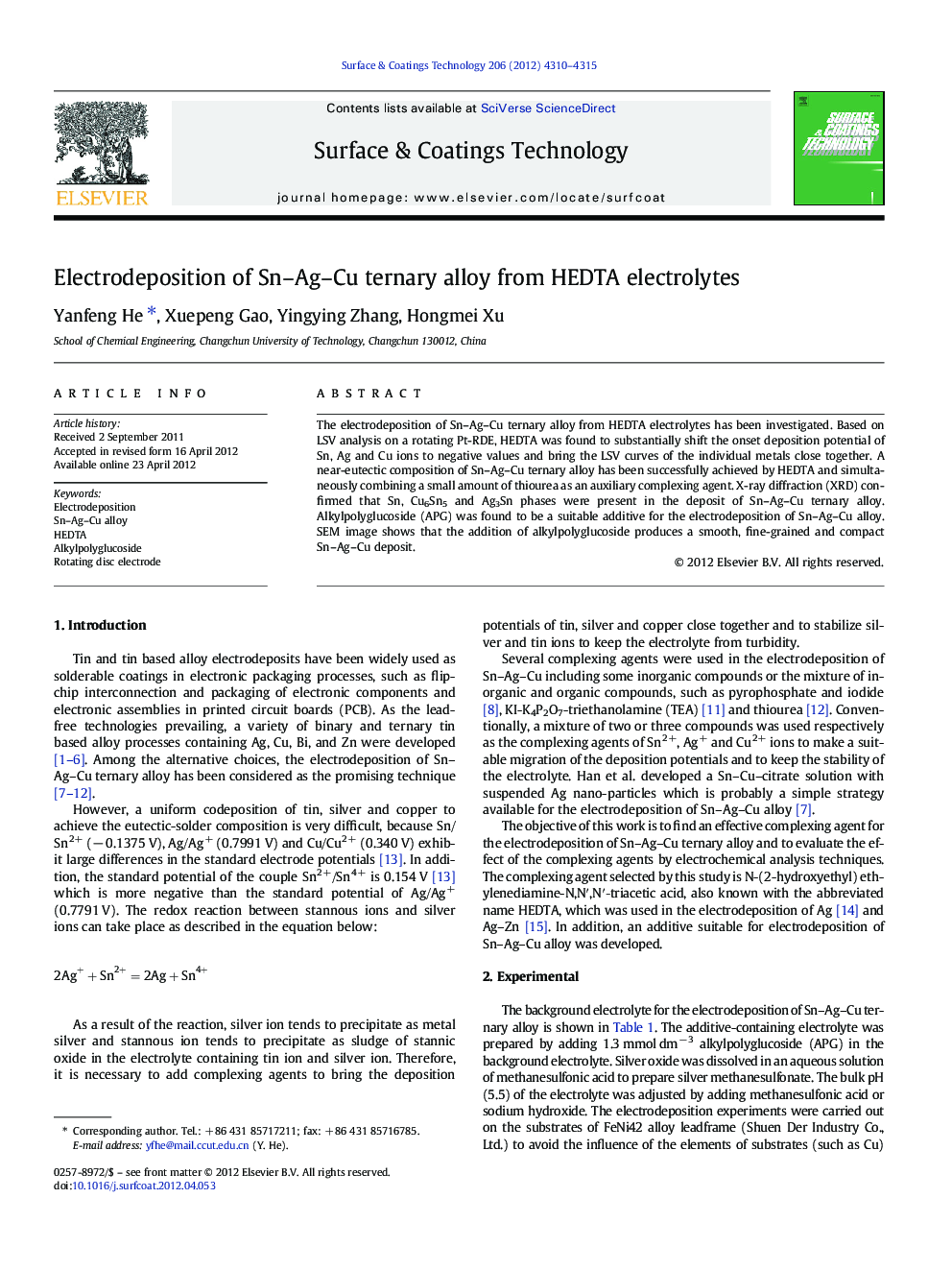 Electrodeposition of Sn-Ag-Cu ternary alloy from HEDTA electrolytes