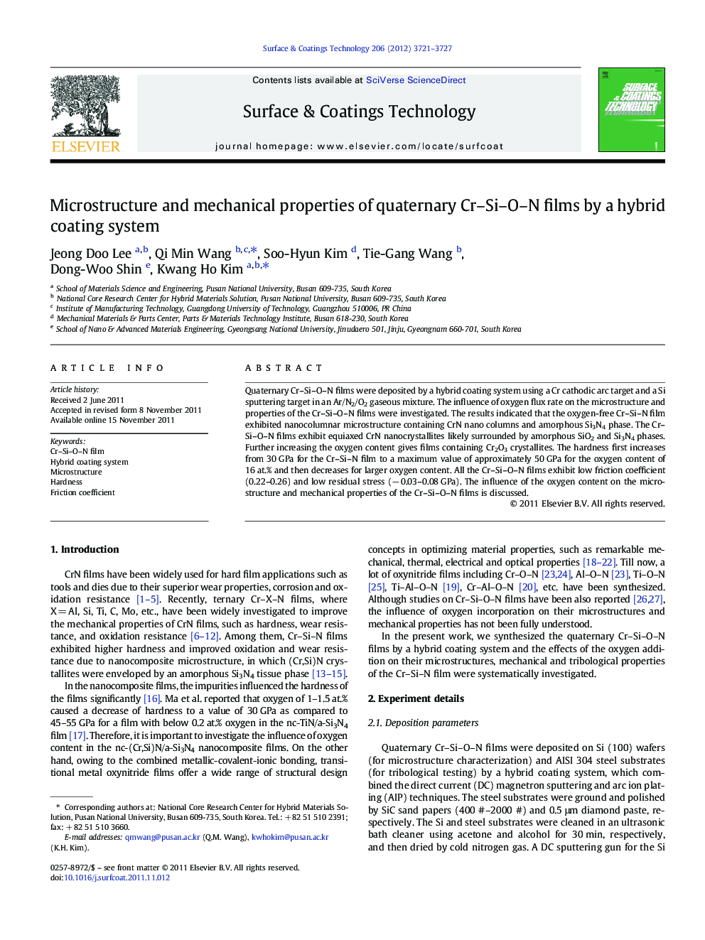 Microstructure and mechanical properties of quaternary Cr–Si–O–N films by a hybrid coating system