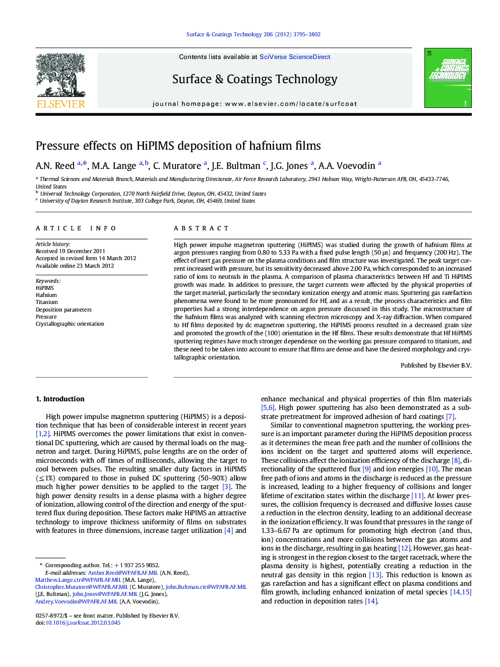 Pressure effects on HiPIMS deposition of hafnium films