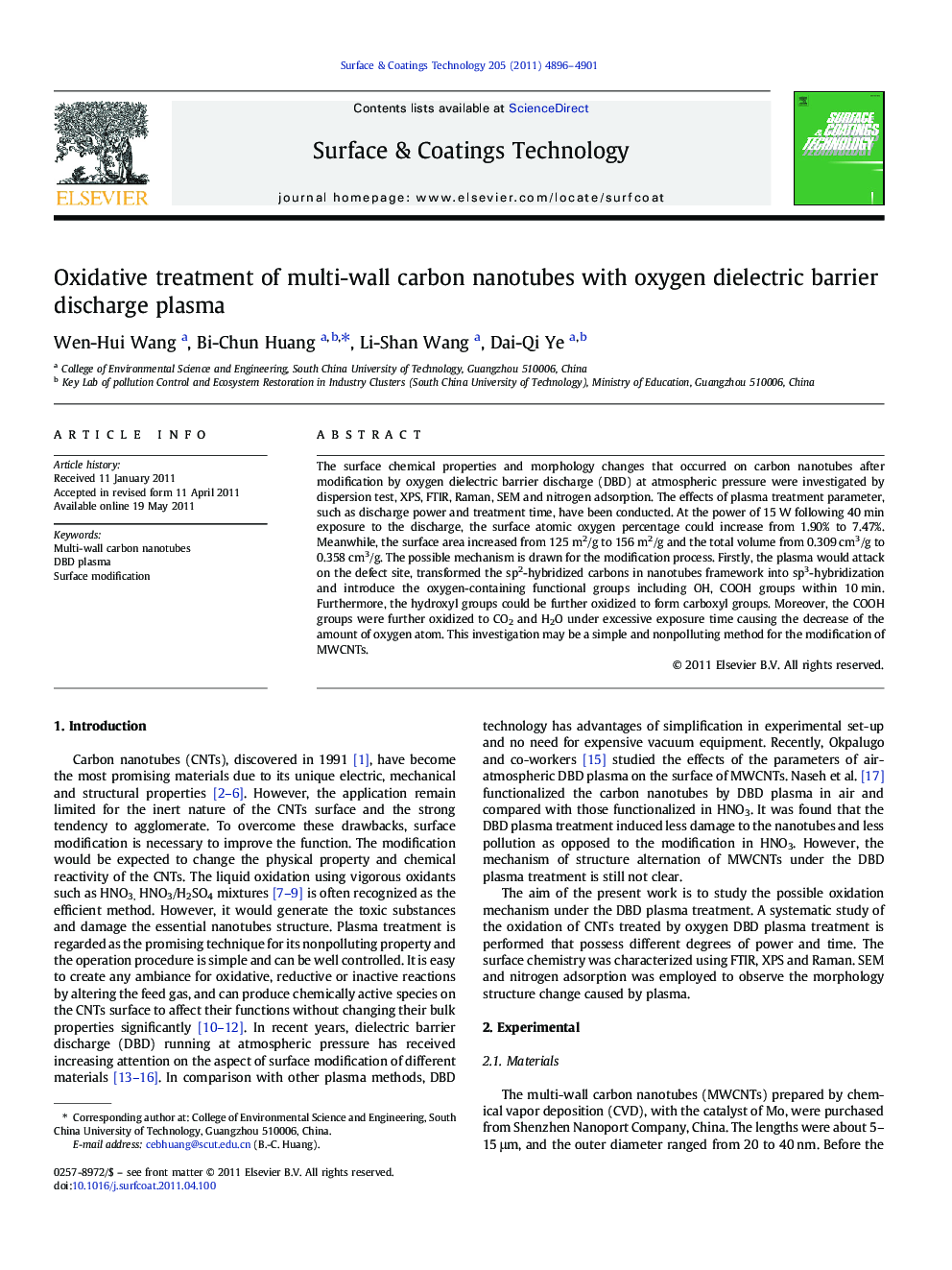 Oxidative treatment of multi-wall carbon nanotubes with oxygen dielectric barrier discharge plasma