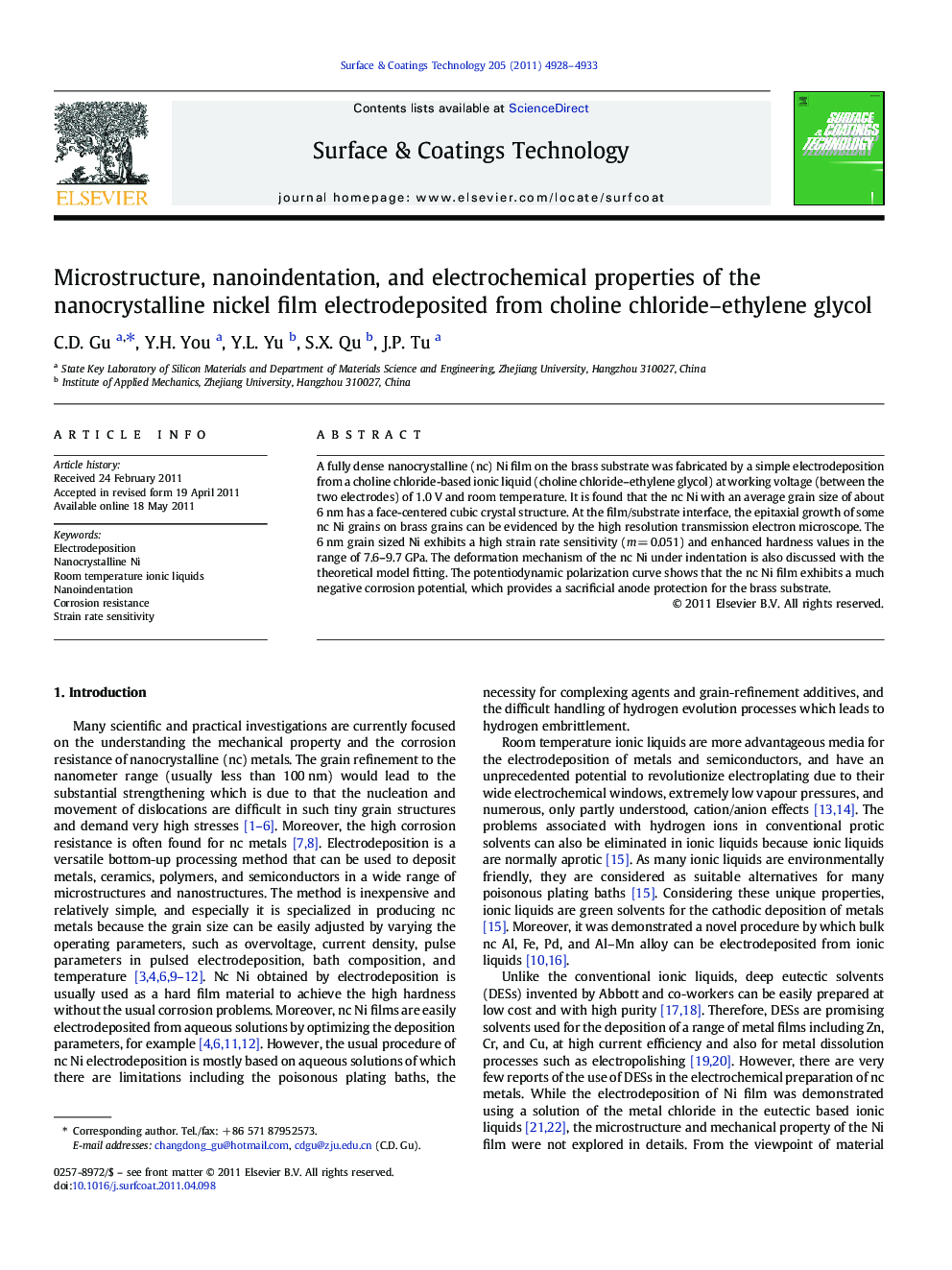 Microstructure, nanoindentation, and electrochemical properties of the nanocrystalline nickel film electrodeposited from choline chloride–ethylene glycol