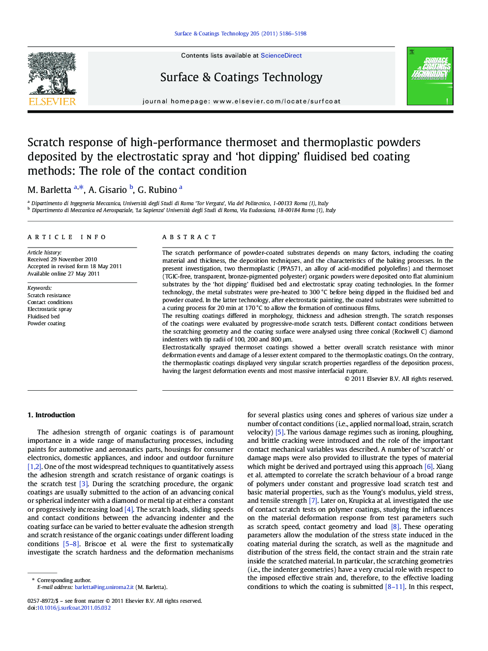 Scratch response of high-performance thermoset and thermoplastic powders deposited by the electrostatic spray and ‘hot dipping’ fluidised bed coating methods: The role of the contact condition