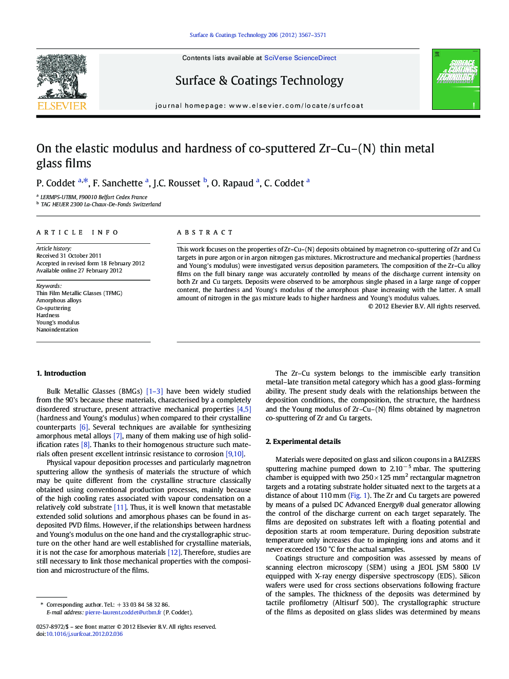 On the elastic modulus and hardness of co-sputtered Zr–Cu–(N) thin metal glass films