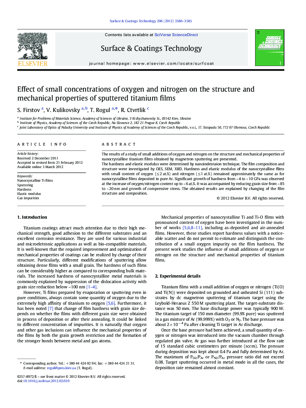 Effect of small concentrations of oxygen and nitrogen on the structure and mechanical properties of sputtered titanium films