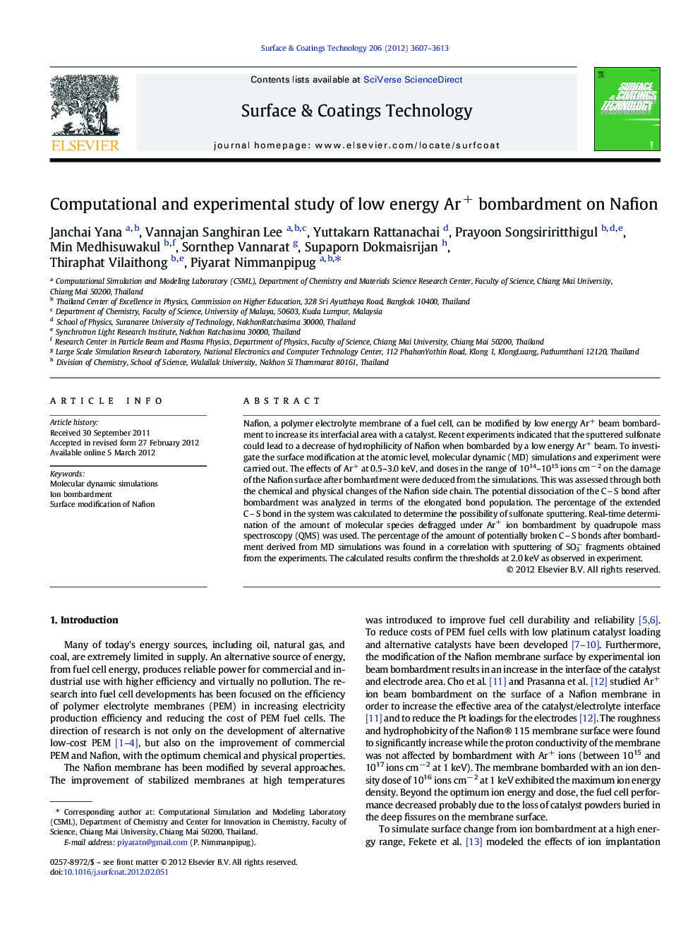 Computational and experimental study of low energy Ar+ bombardment on Nafion