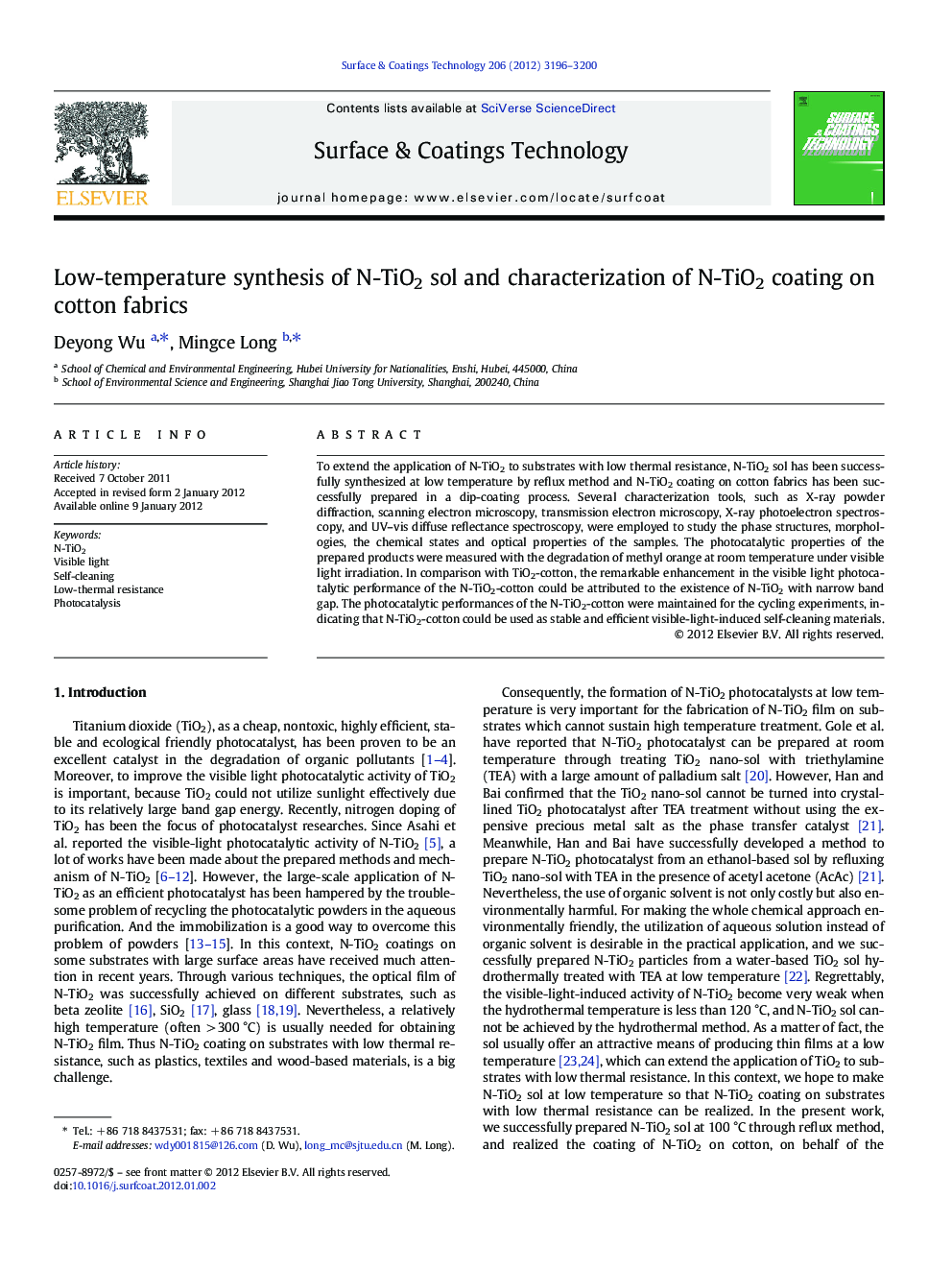 Low-temperature synthesis of N-TiO2 sol and characterization of N-TiO2 coating on cotton fabrics