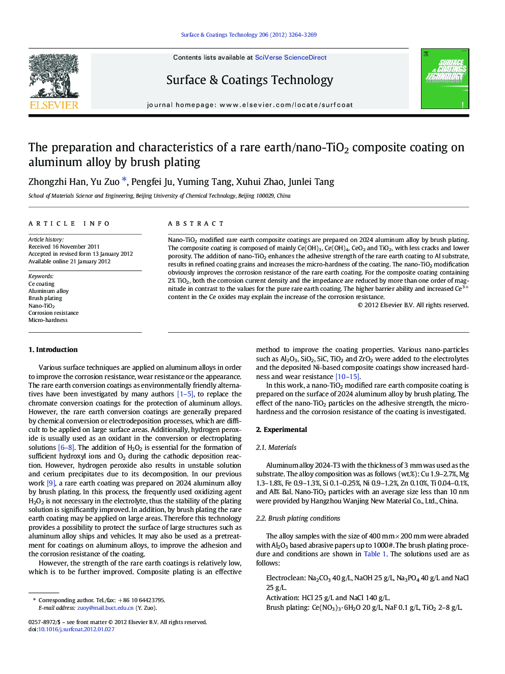 The preparation and characteristics of a rare earth/nano-TiO2 composite coating on aluminum alloy by brush plating