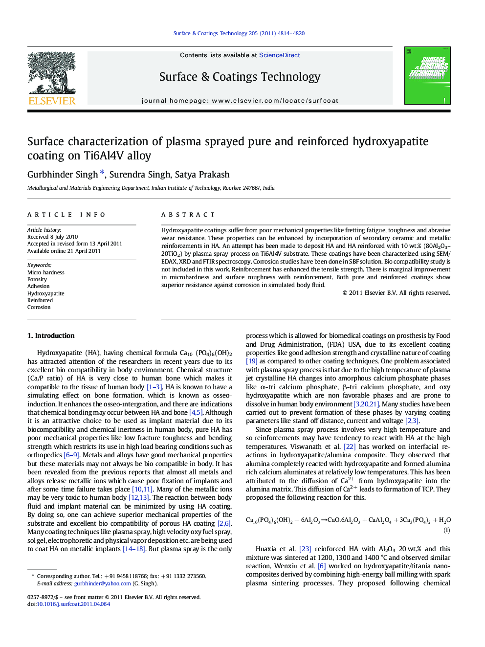 Surface characterization of plasma sprayed pure and reinforced hydroxyapatite coating on Ti6Al4V alloy