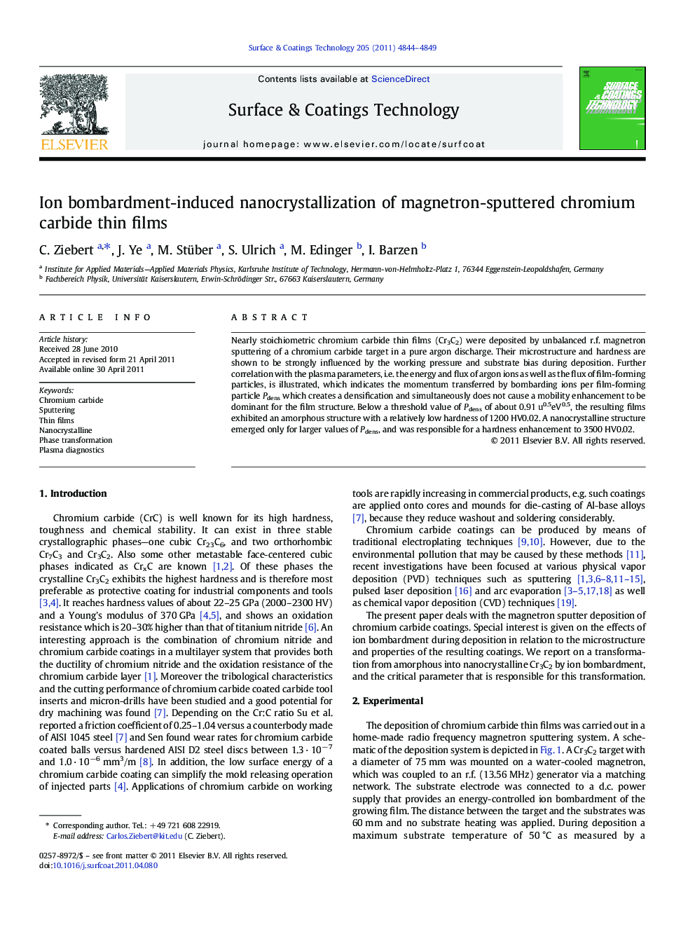 Ion bombardment-induced nanocrystallization of magnetron-sputtered chromium carbide thin films