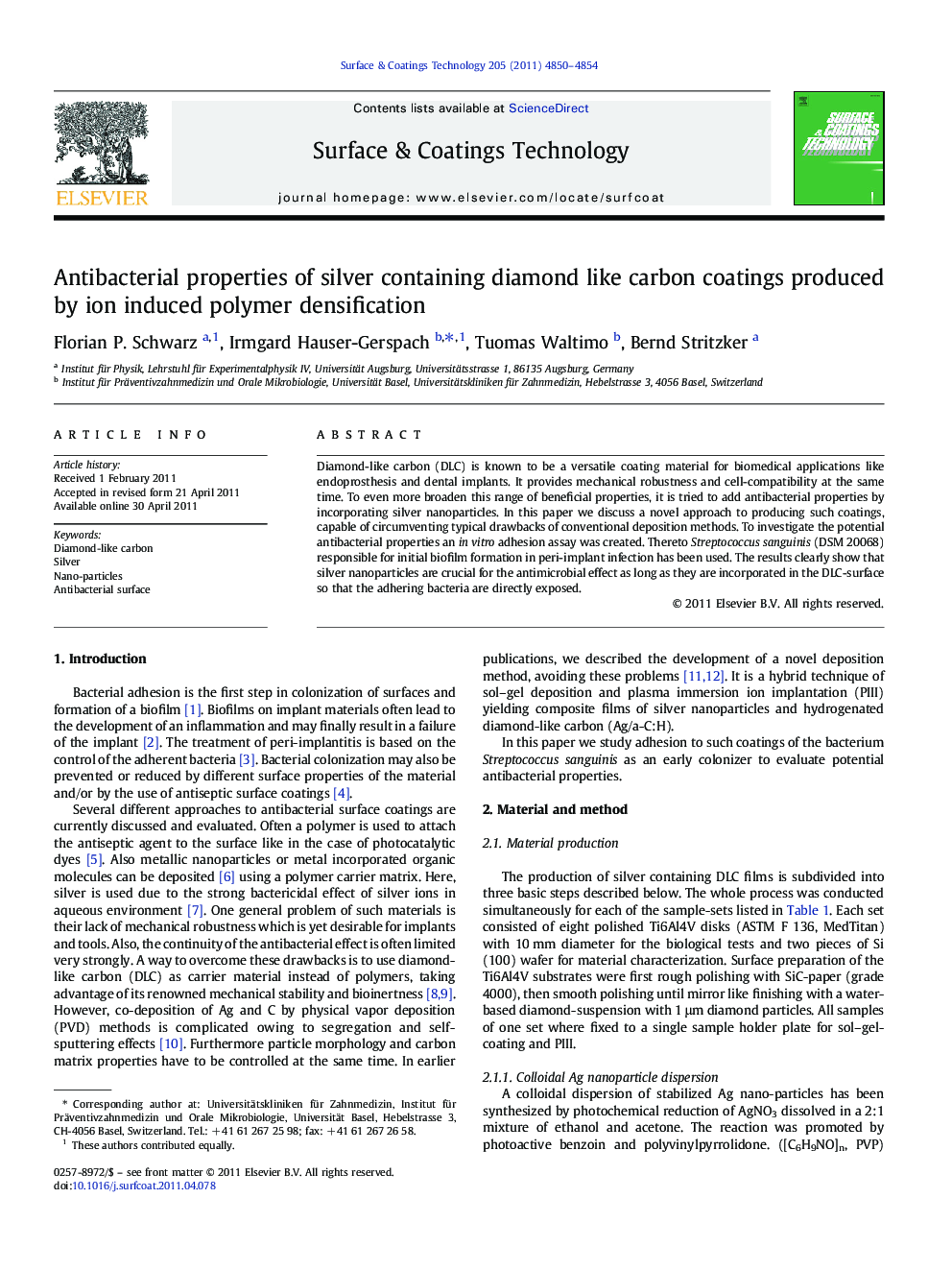Antibacterial properties of silver containing diamond like carbon coatings produced by ion induced polymer densification