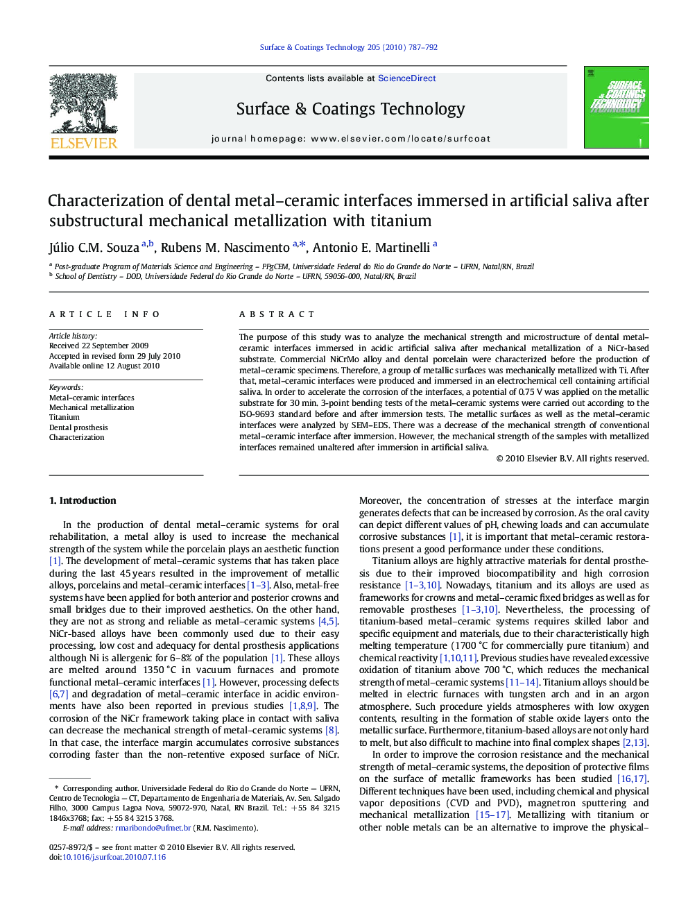 Characterization of dental metal–ceramic interfaces immersed in artificial saliva after substructural mechanical metallization with titanium