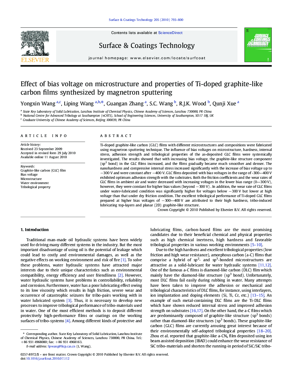 Effect of bias voltage on microstructure and properties of Ti-doped graphite-like carbon films synthesized by magnetron sputtering