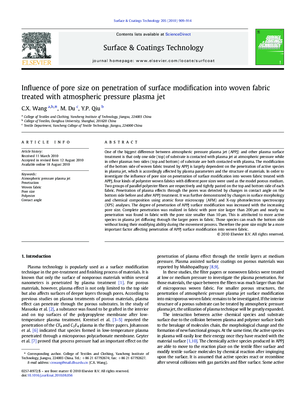 Influence of pore size on penetration of surface modification into woven fabric treated with atmospheric pressure plasma jet