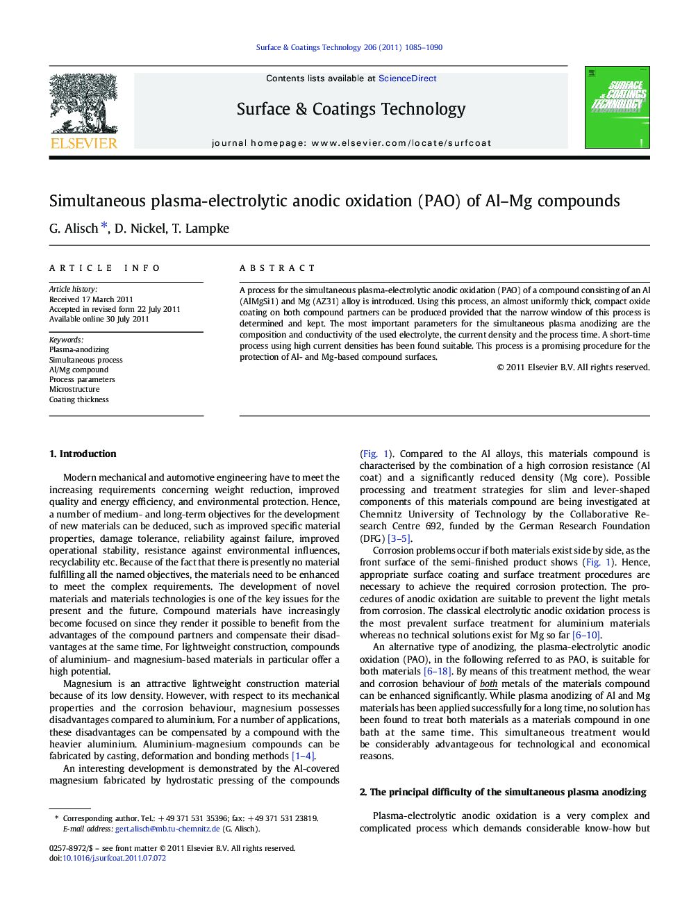 Simultaneous plasma-electrolytic anodic oxidation (PAO) of Al–Mg compounds