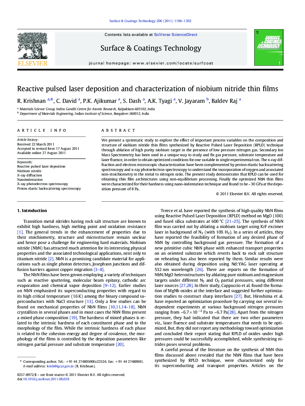 Reactive pulsed laser deposition and characterization of niobium nitride thin films