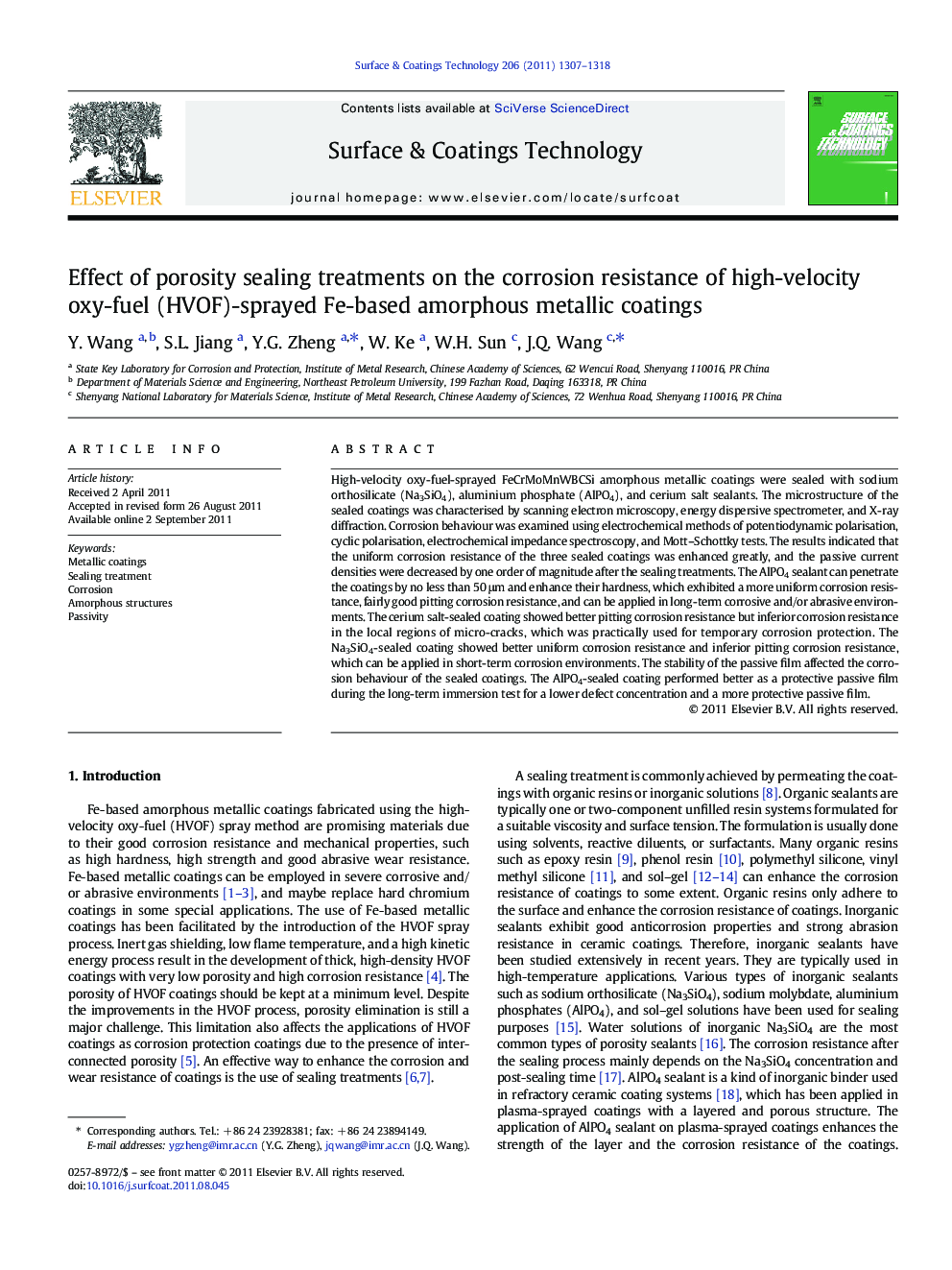 Effect of porosity sealing treatments on the corrosion resistance of high-velocity oxy-fuel (HVOF)-sprayed Fe-based amorphous metallic coatings