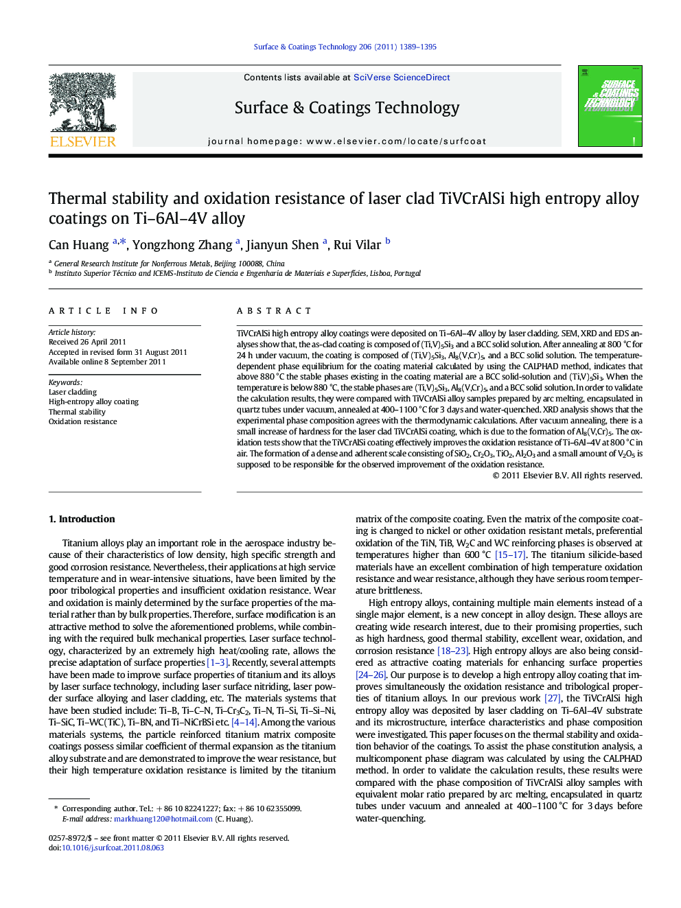 Thermal stability and oxidation resistance of laser clad TiVCrAlSi high entropy alloy coatings on Ti-6Al-4V alloy