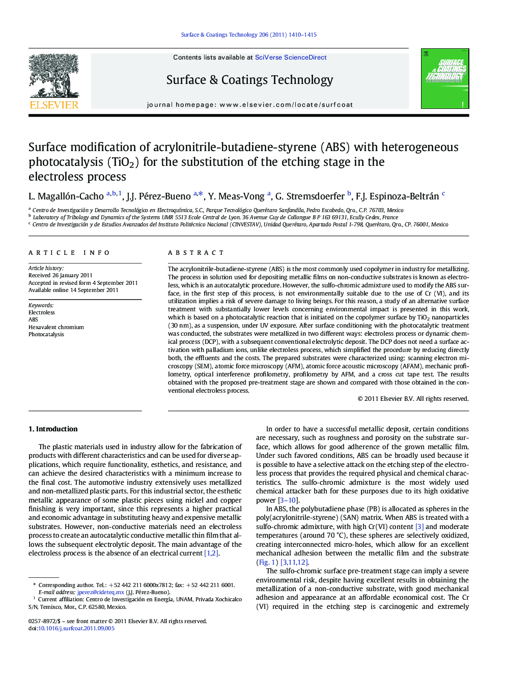 Surface modification of acrylonitrile-butadiene-styrene (ABS) with heterogeneous photocatalysis (TiO2) for the substitution of the etching stage in the electroless process