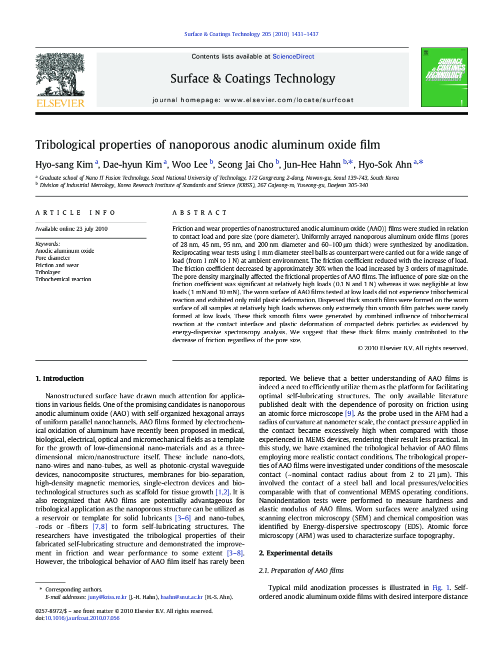 Tribological properties of nanoporous anodic aluminum oxide film