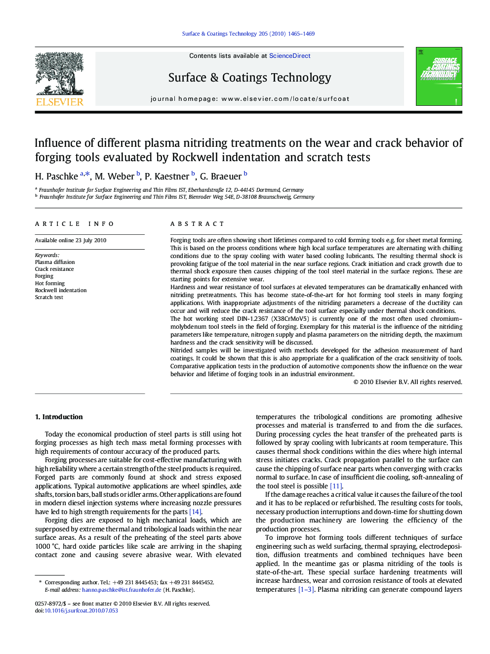 Influence of different plasma nitriding treatments on the wear and crack behavior of forging tools evaluated by Rockwell indentation and scratch tests