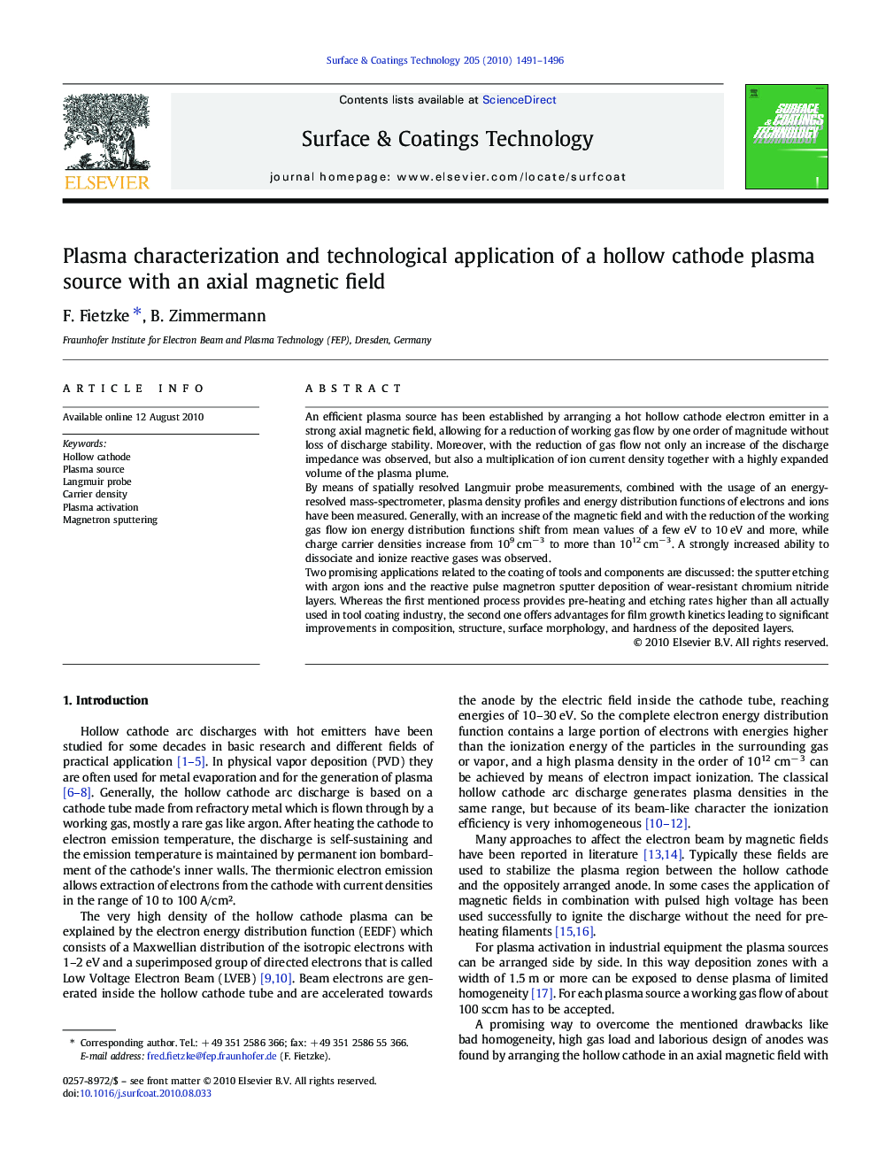 Plasma characterization and technological application of a hollow cathode plasma source with an axial magnetic field