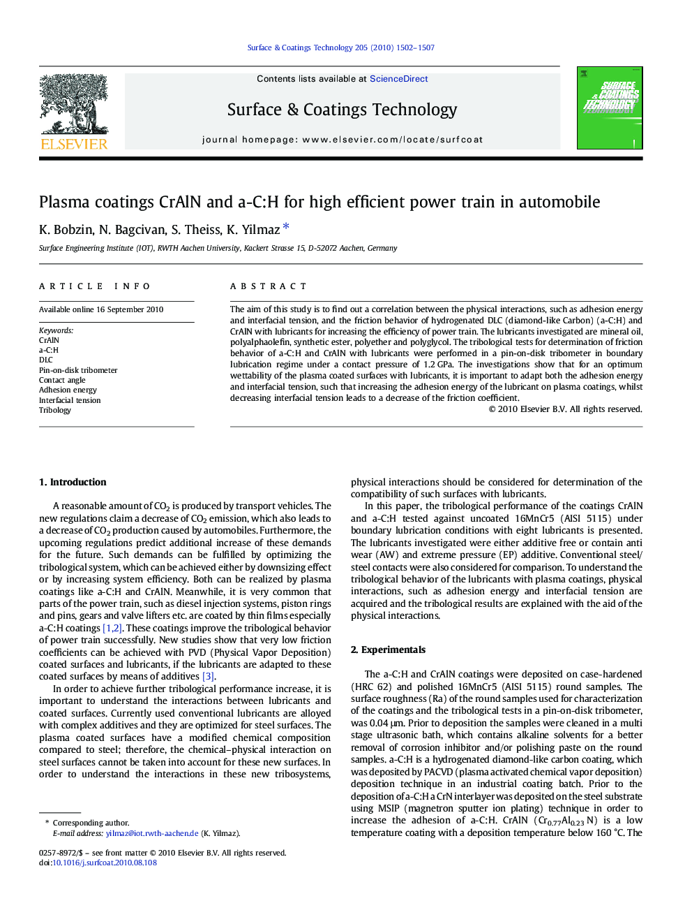 Plasma coatings CrAlN and a-C:H for high efficient power train in automobile