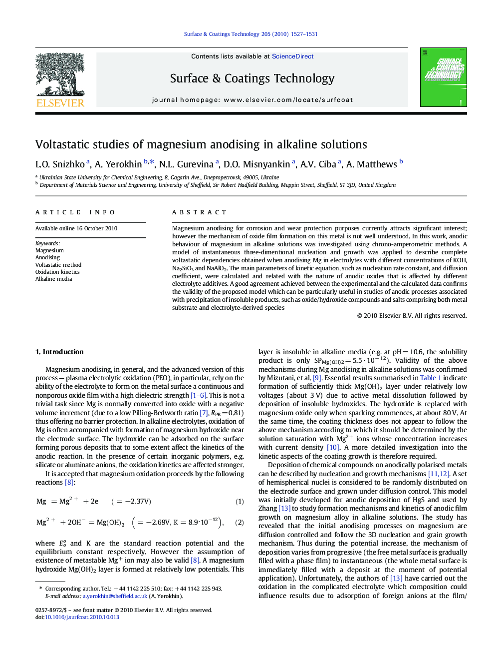 Voltastatic studies of magnesium anodising in alkaline solutions