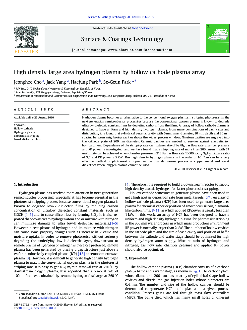 High density large area hydrogen plasma by hollow cathode plasma array