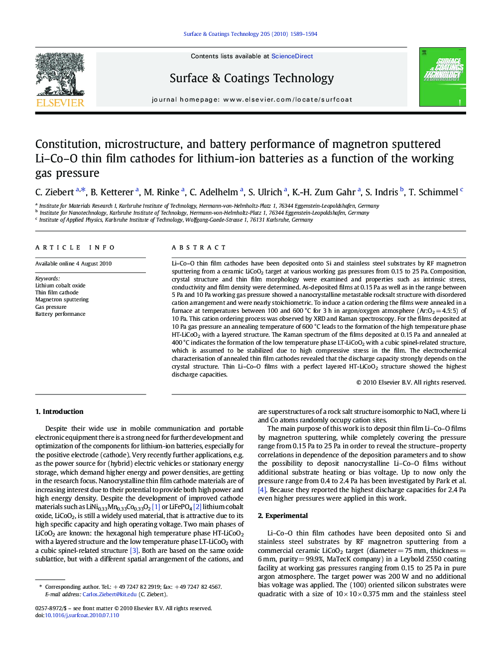 Constitution, microstructure, and battery performance of magnetron sputtered Li–Co–O thin film cathodes for lithium-ion batteries as a function of the working gas pressure