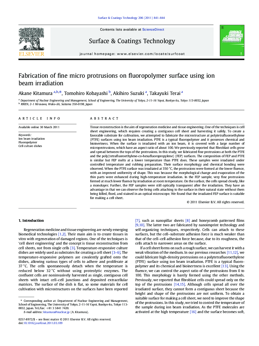 Fabrication of fine micro protrusions on fluoropolymer surface using ion beam irradiation