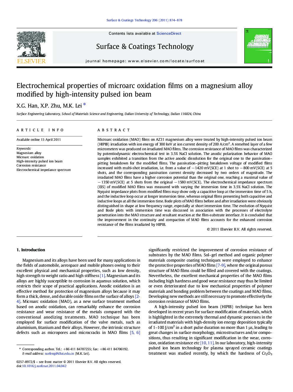 Electrochemical properties of microarc oxidation films on a magnesium alloy modified by high-intensity pulsed ion beam