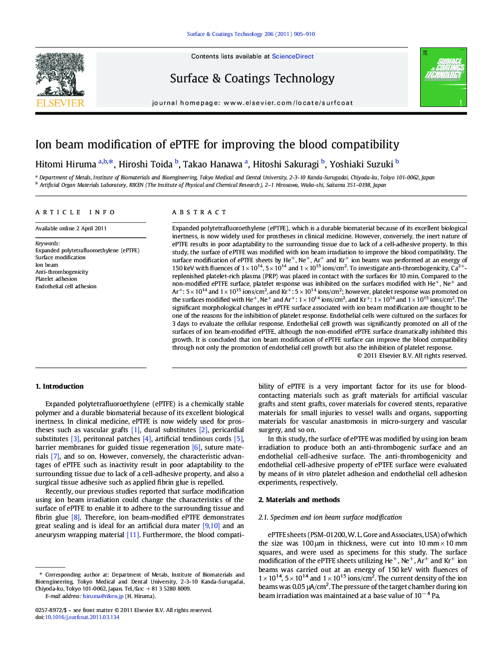 Ion beam modification of ePTFE for improving the blood compatibility