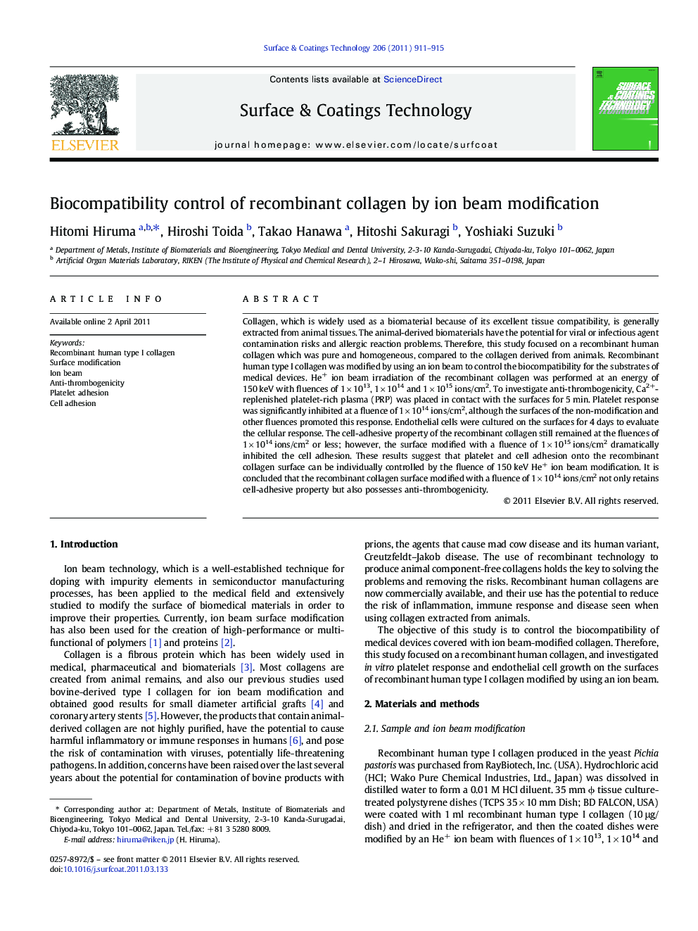 Biocompatibility control of recombinant collagen by ion beam modification