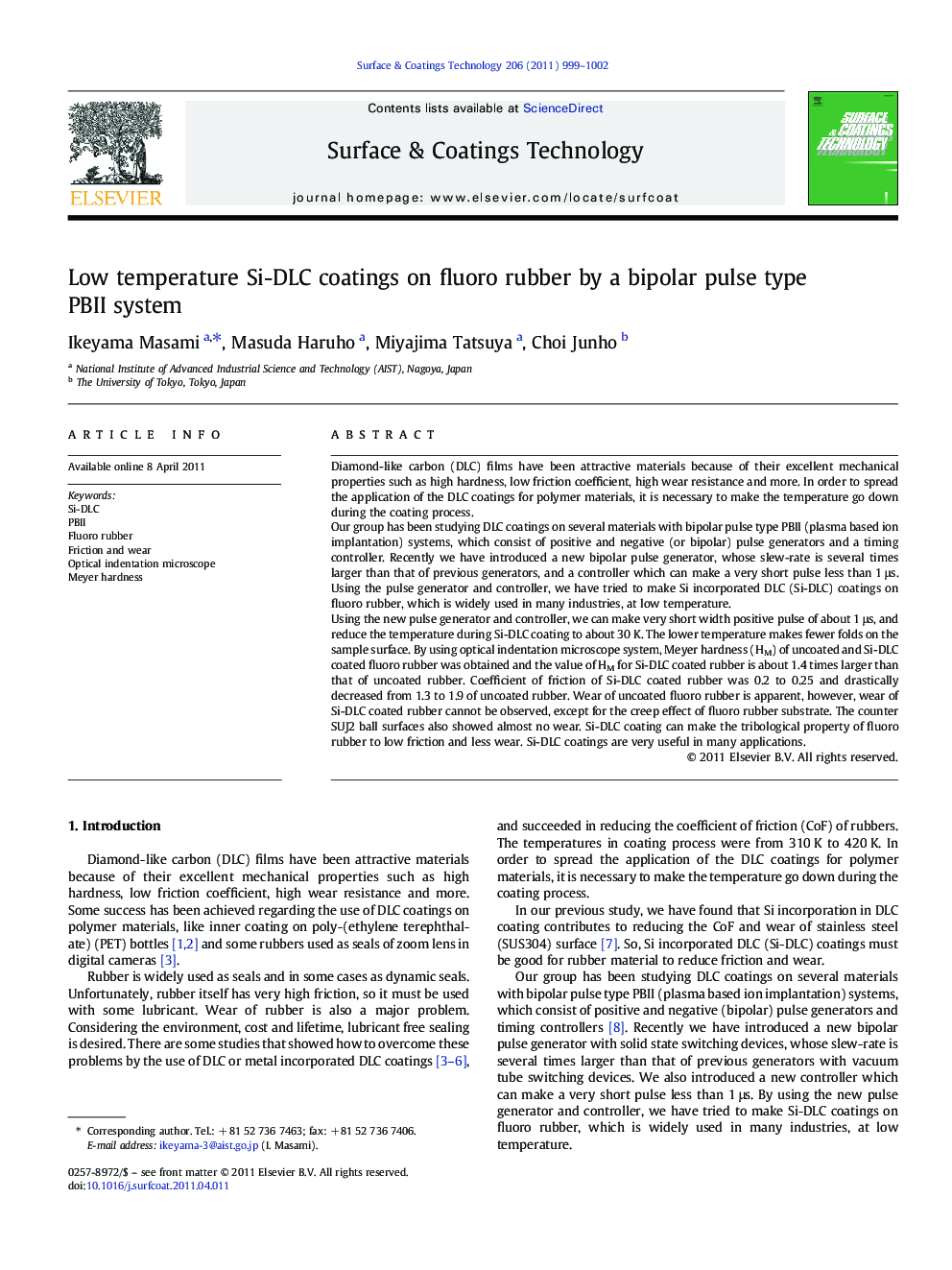 Low temperature Si-DLC coatings on fluoro rubber by a bipolar pulse type PBII system