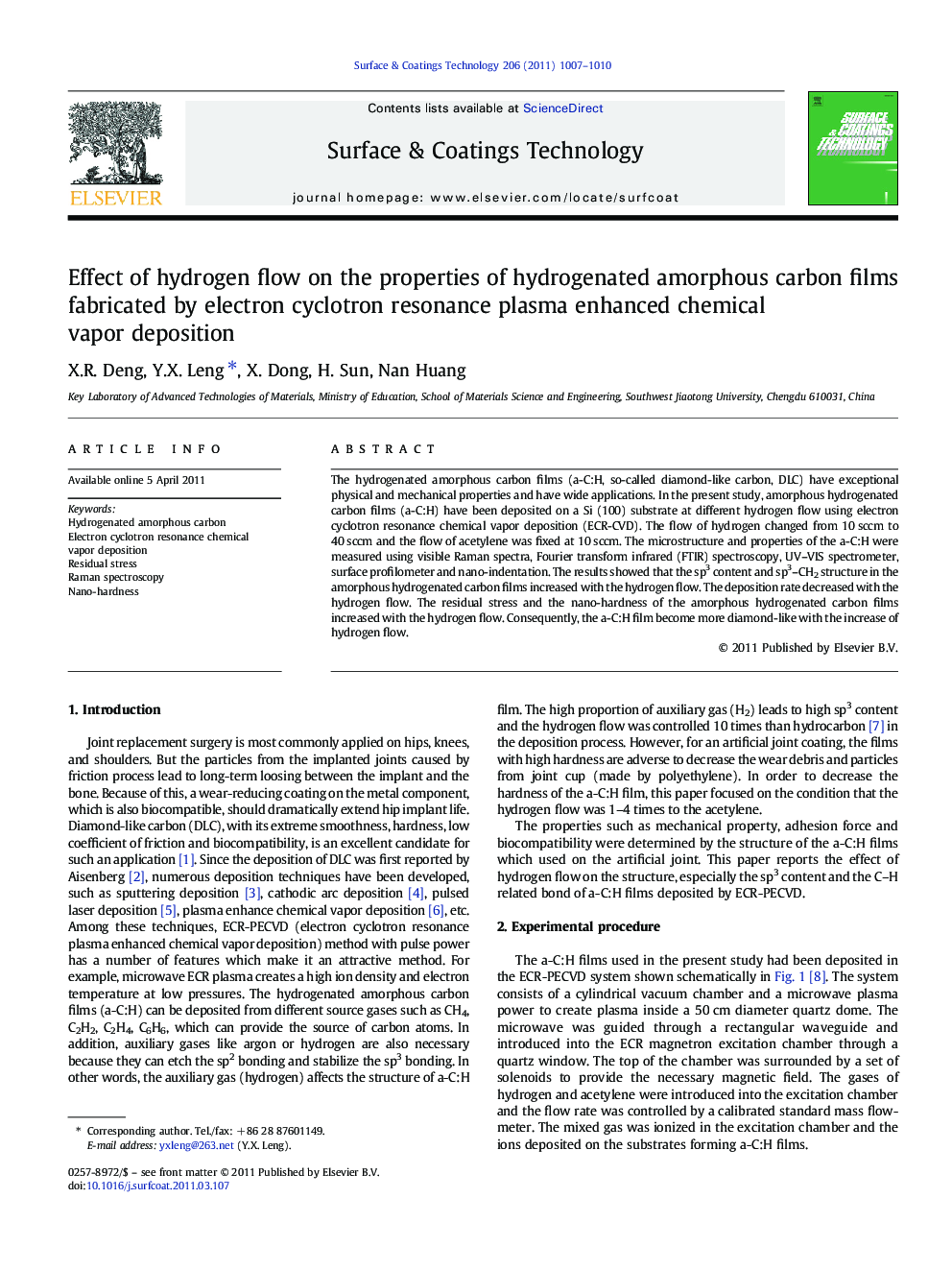 Effect of hydrogen flow on the properties of hydrogenated amorphous carbon films fabricated by electron cyclotron resonance plasma enhanced chemical vapor deposition