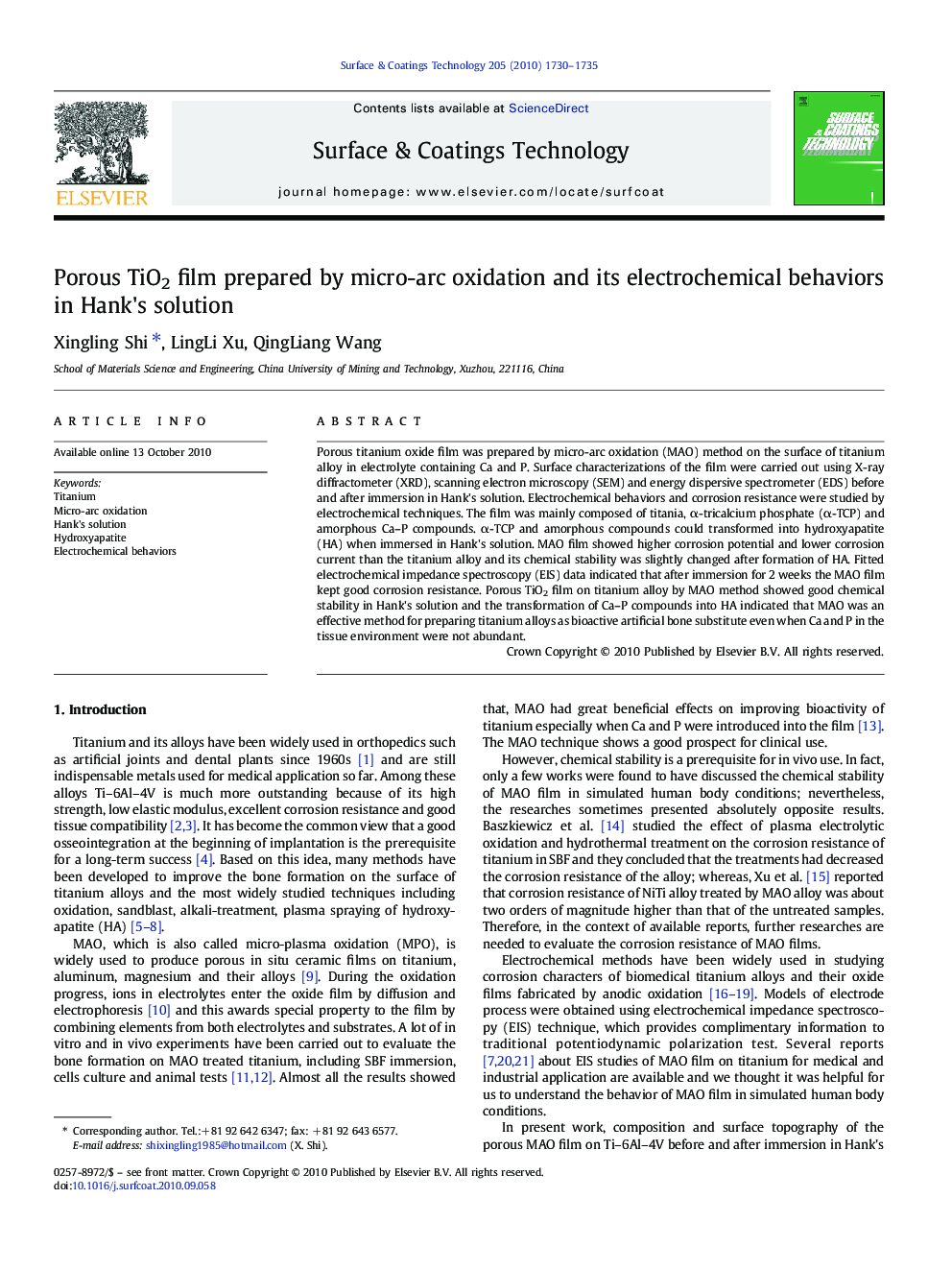 Porous TiO2 film prepared by micro-arc oxidation and its electrochemical behaviors in Hank's solution