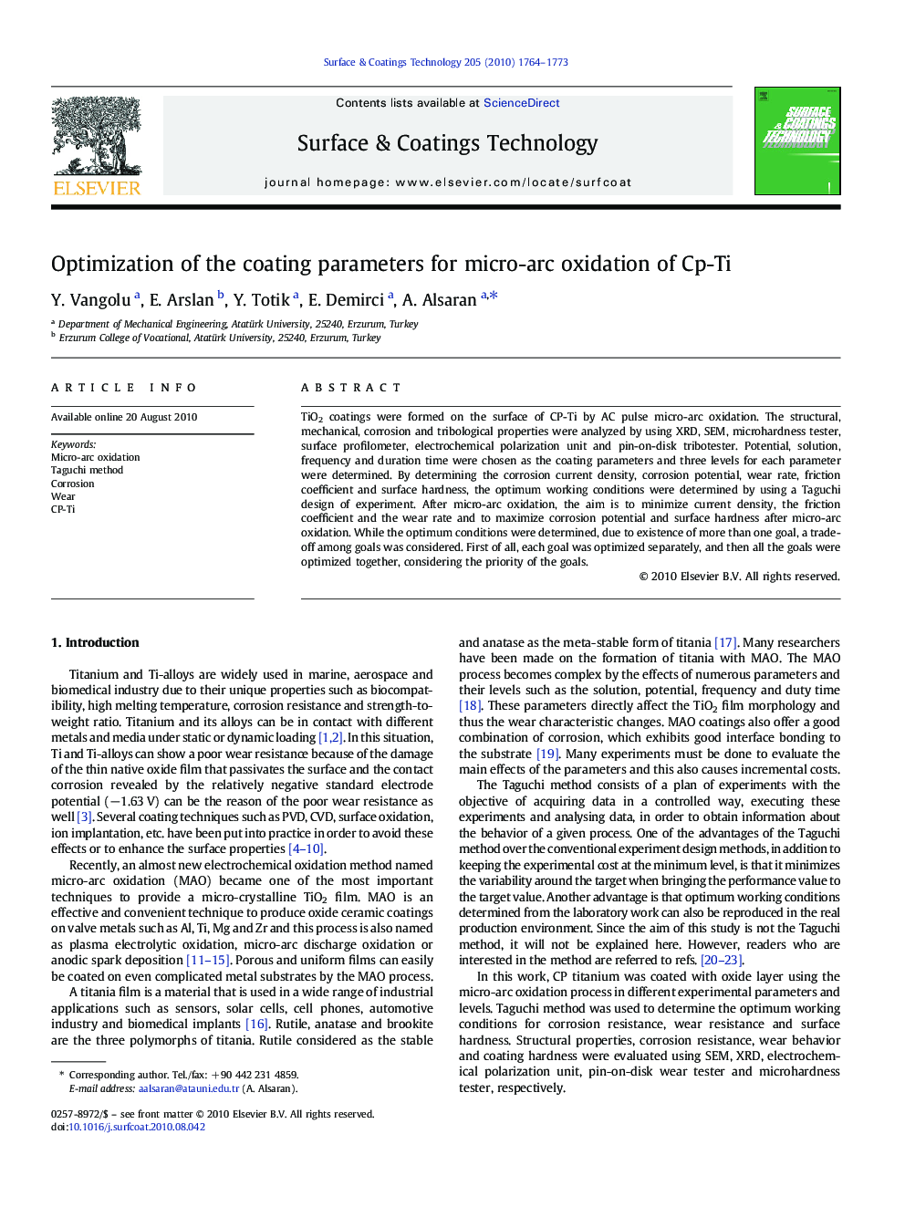 Optimization of the coating parameters for micro-arc oxidation of Cp-Ti