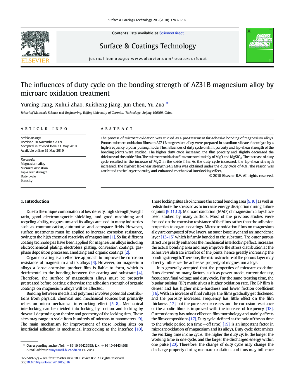 The influences of duty cycle on the bonding strength of AZ31B magnesium alloy by microarc oxidation treatment