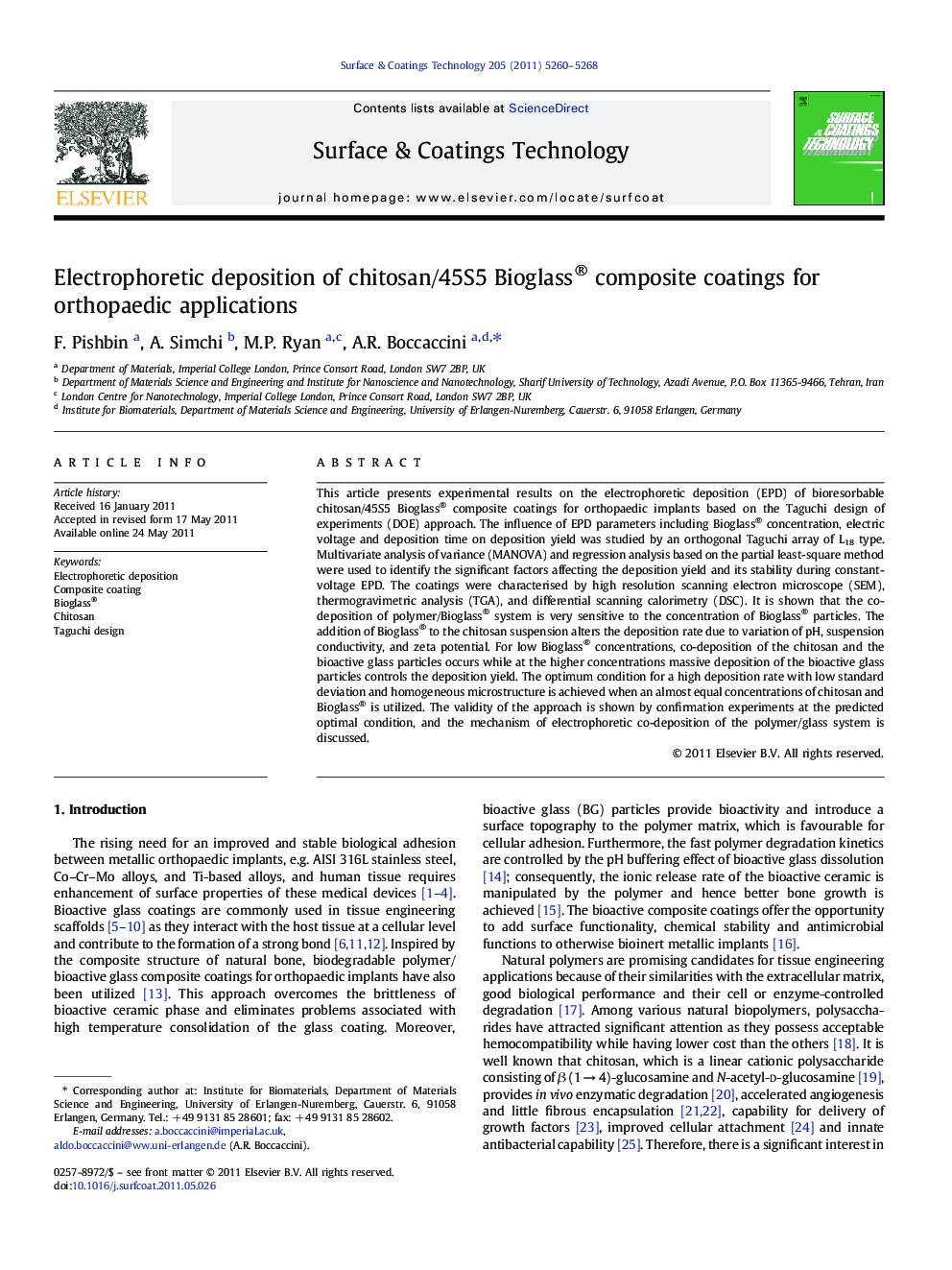 Electrophoretic deposition of chitosan/45S5 Bioglass® composite coatings for orthopaedic applications