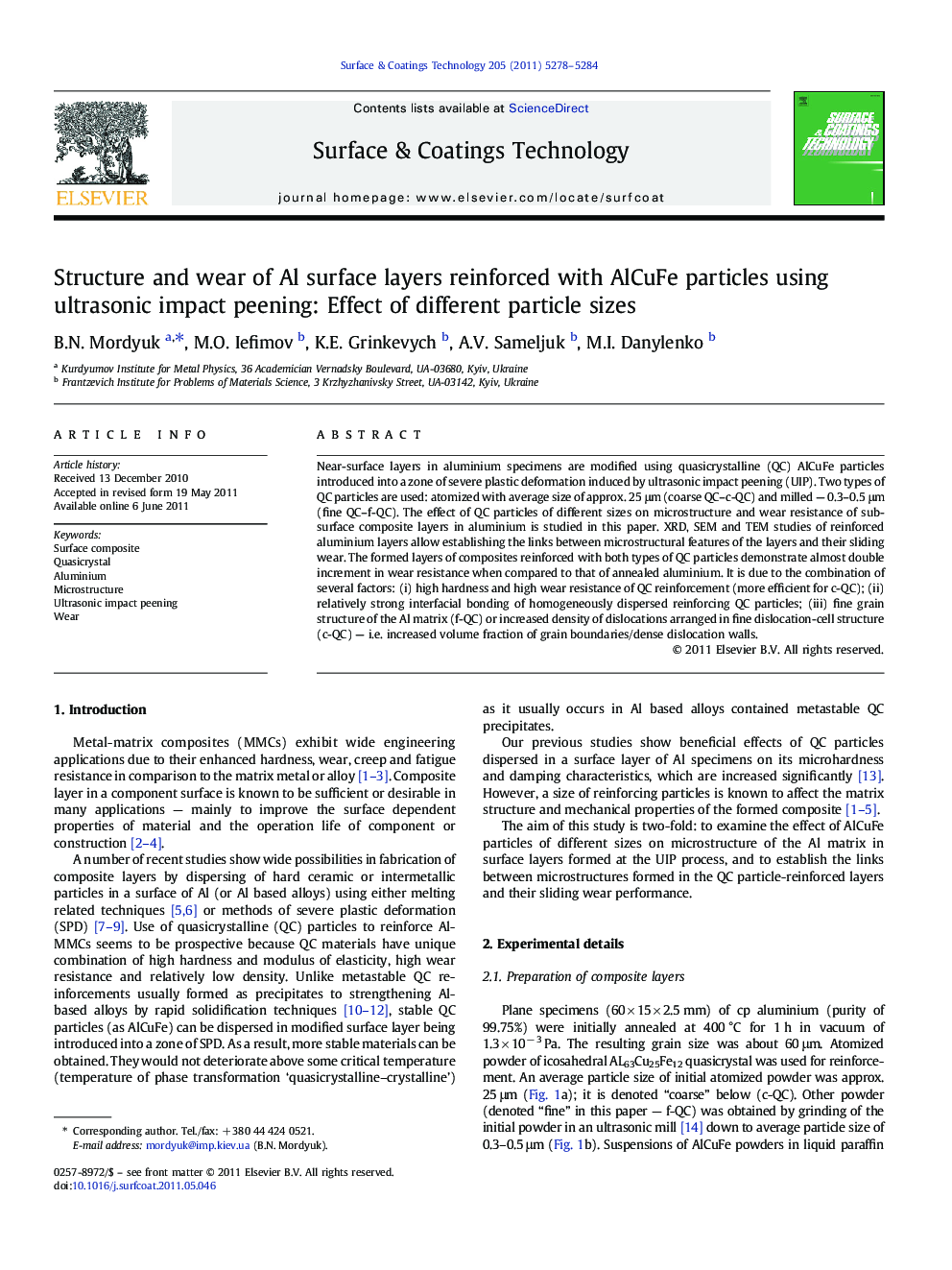 Structure and wear of Al surface layers reinforced with AlCuFe particles using ultrasonic impact peening: Effect of different particle sizes