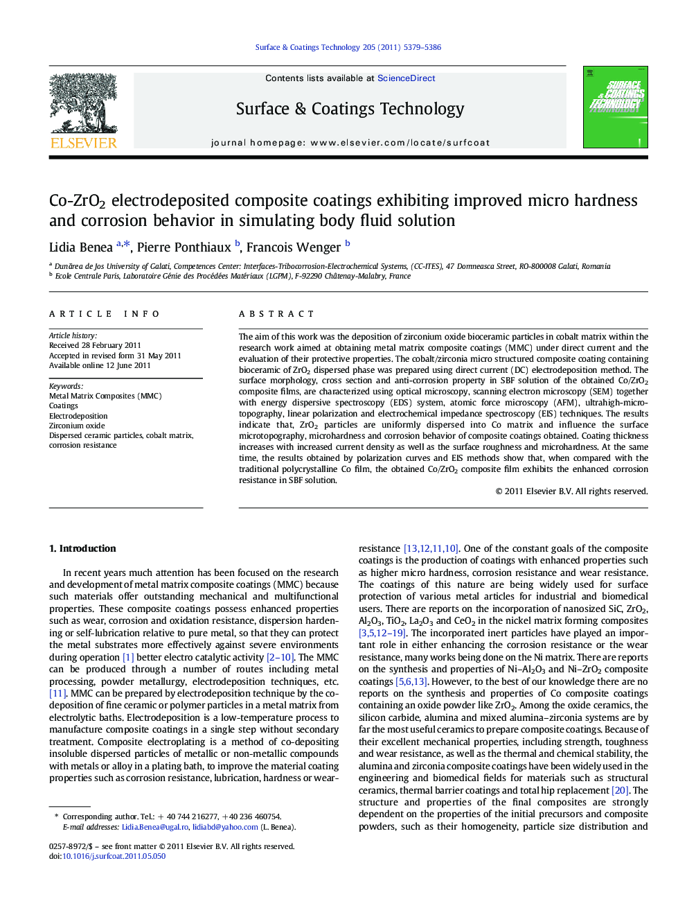 Co-ZrO2 electrodeposited composite coatings exhibiting improved micro hardness and corrosion behavior in simulating body fluid solution