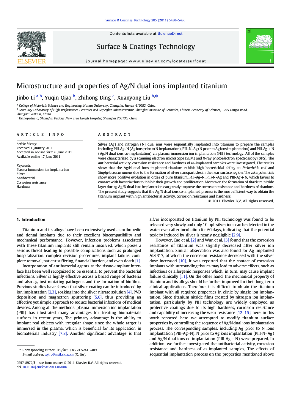 Microstructure and properties of Ag/N dual ions implanted titanium