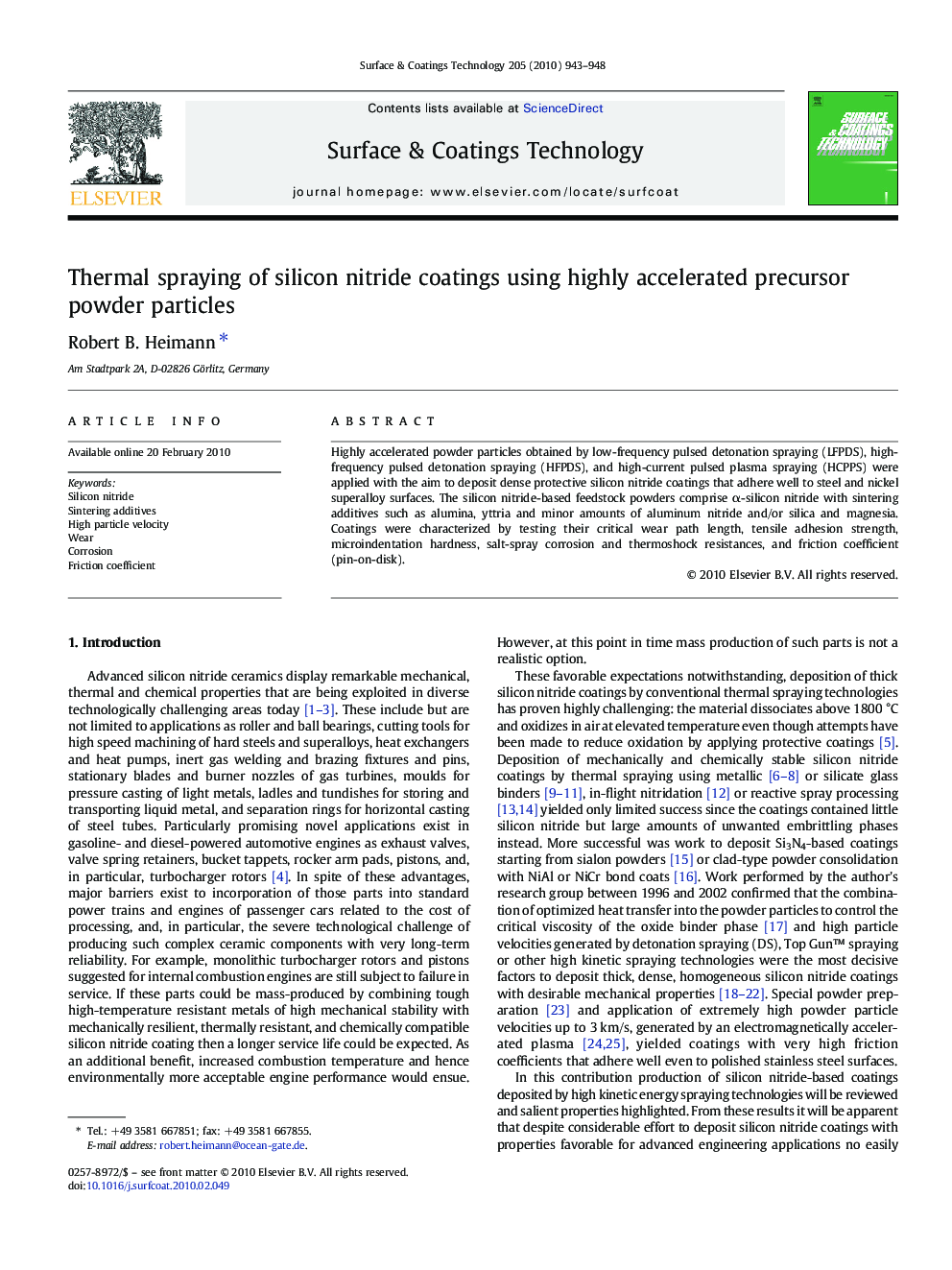 عکس صفحه اول مقاله: Thermal spraying of silicon nitride coatings using highly accelerated precursor powder particles Thermal spraying of silicon nitride coatings using highly accelerated precursor powder particles