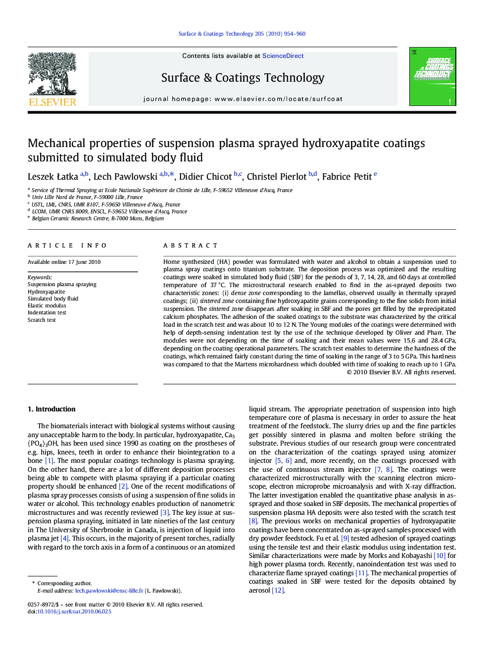 Mechanical properties of suspension plasma sprayed hydroxyapatite coatings submitted to simulated body fluid