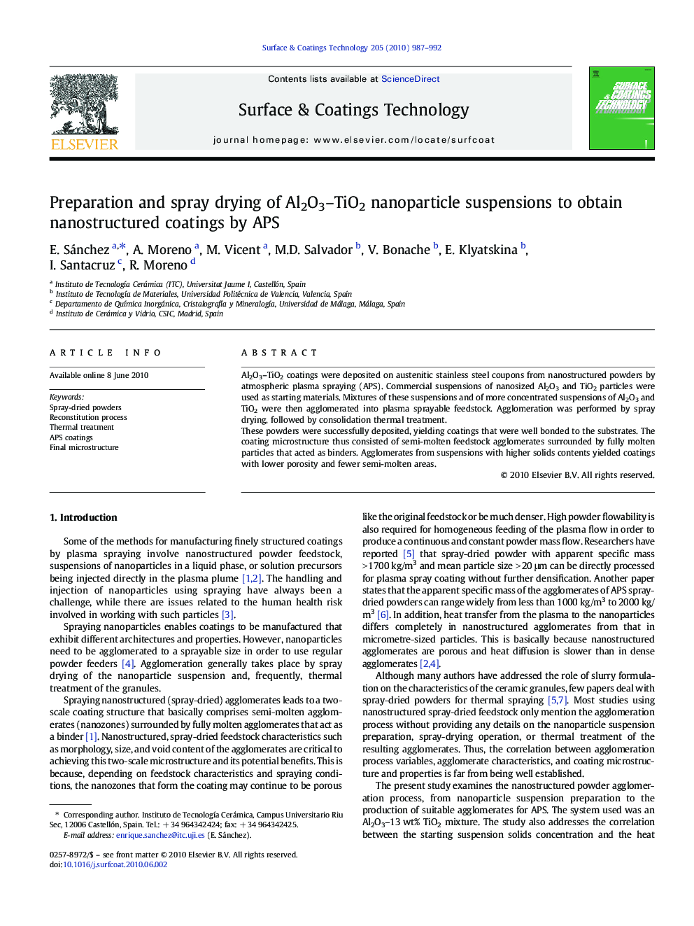 Preparation and spray drying of Al2O3-TiO2 nanoparticle suspensions to obtain nanostructured coatings by APS