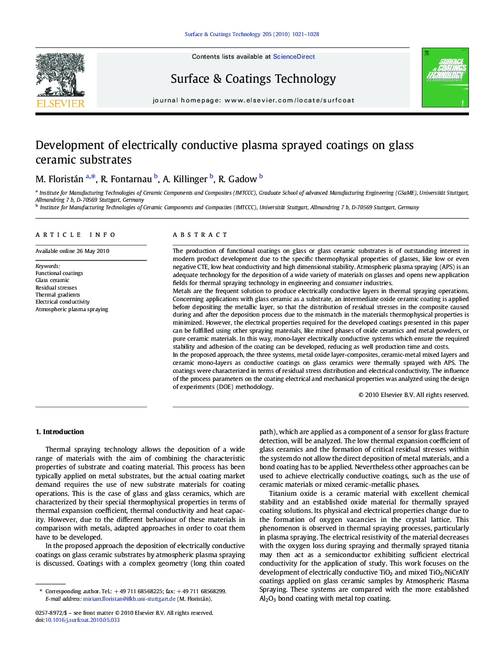 Development of electrically conductive plasma sprayed coatings on glass ceramic substrates