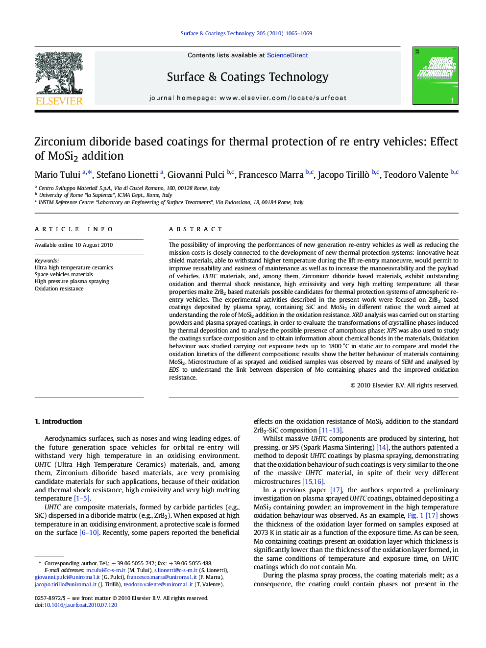 Zirconium diboride based coatings for thermal protection of re entry vehicles: Effect of MoSi2 addition