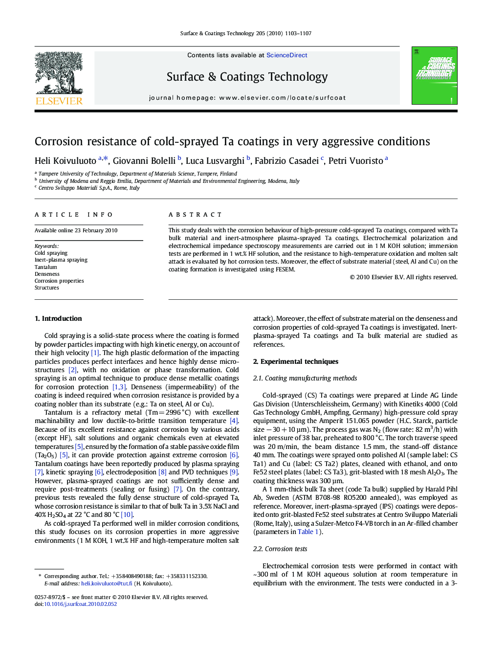 Corrosion resistance of cold-sprayed Ta coatings in very aggressive conditions