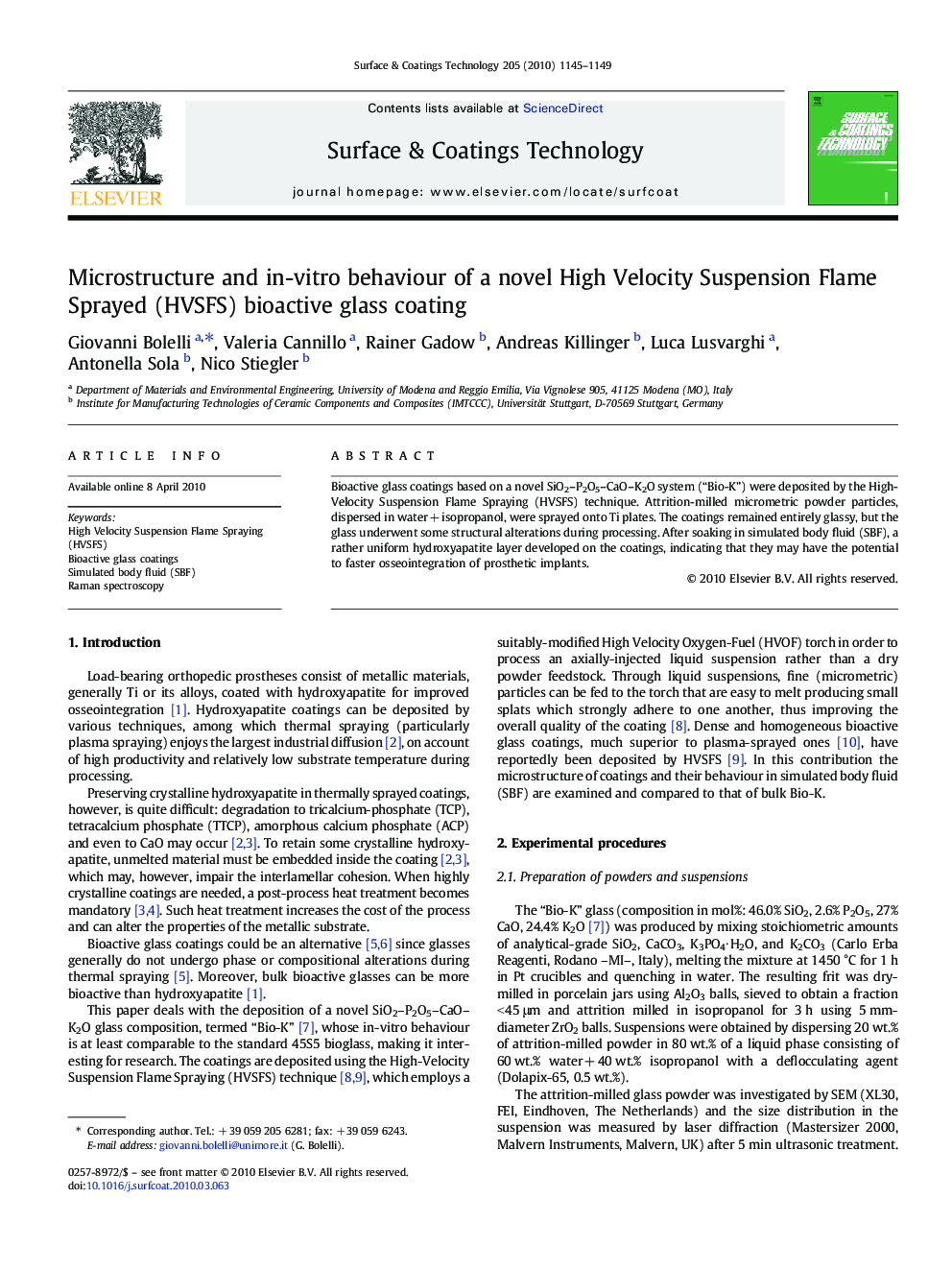 Microstructure and in-vitro behaviour of a novel High Velocity Suspension Flame Sprayed (HVSFS) bioactive glass coating